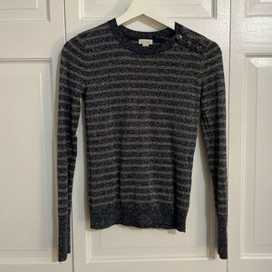 Hinge Navy and Silver Crew Neck Sweater with Stripes and Button Detailing